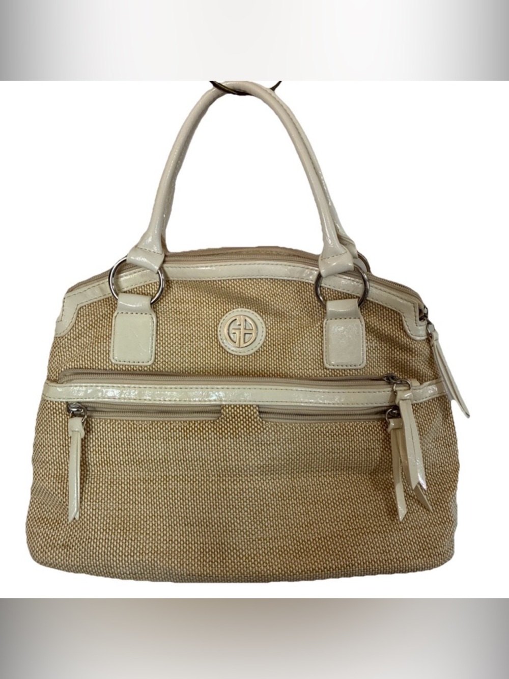 Giani Berninni-Bag Purse Tan/White Woven GB Emblem Two Tone Beautiful Condition
